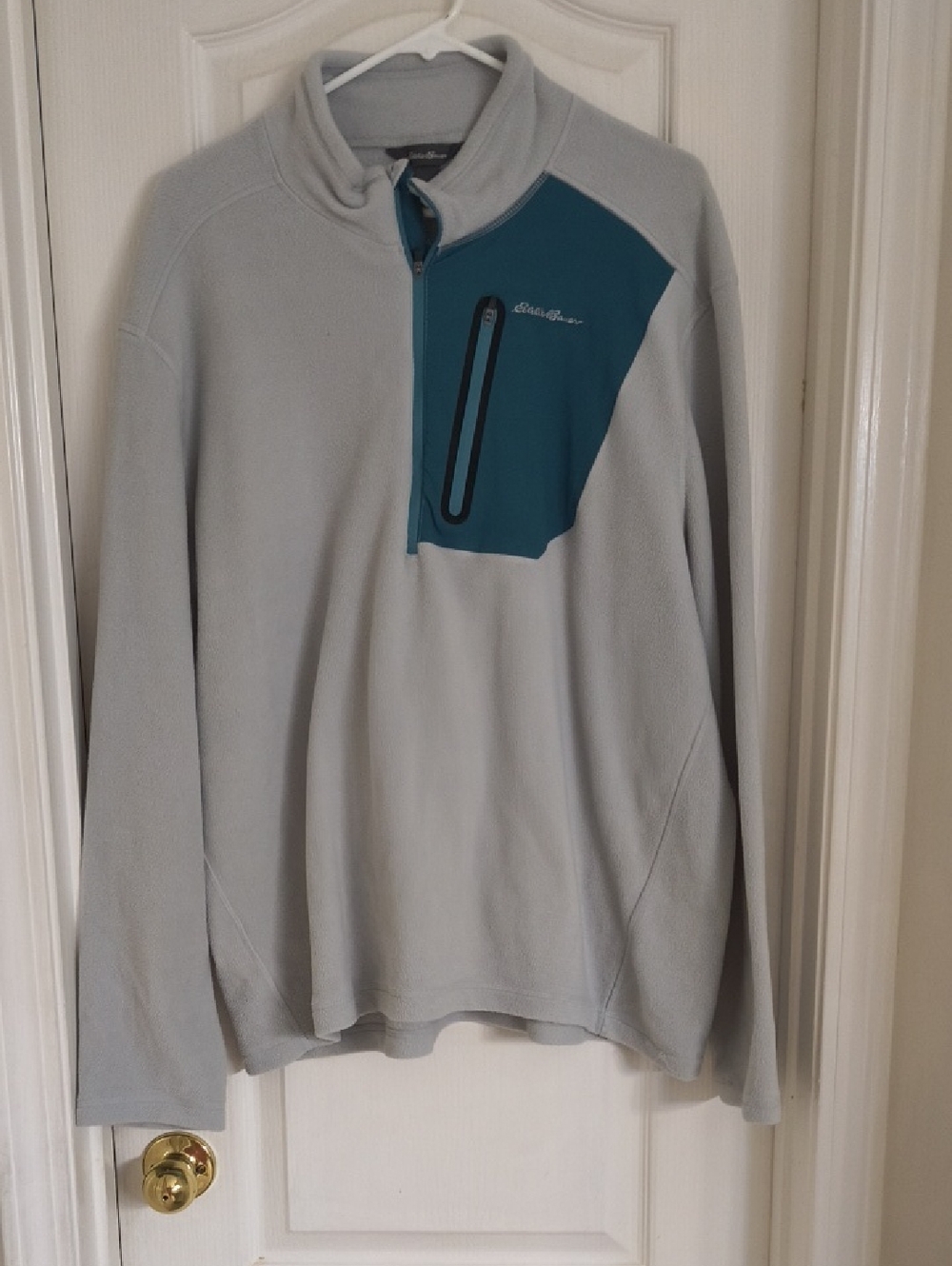 Eddie Bauer Light Gray Fleece with Teal Chest Panel